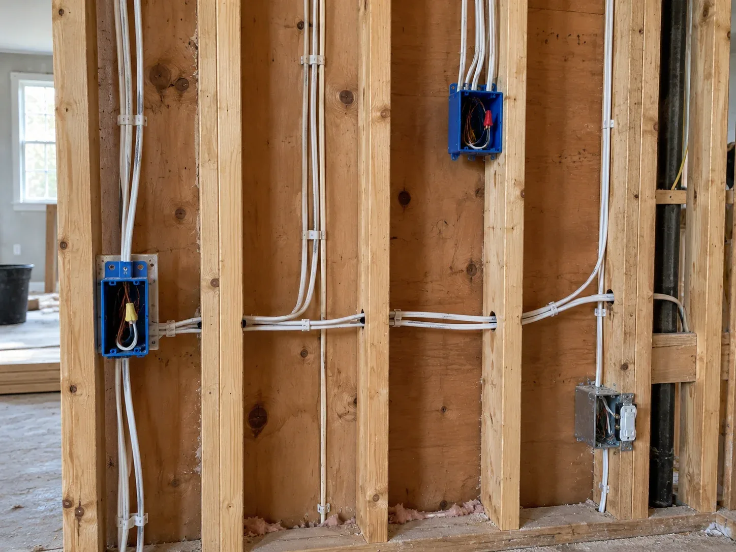 New electrical cable routed through exposed wooden wall framing during residential house rewiring