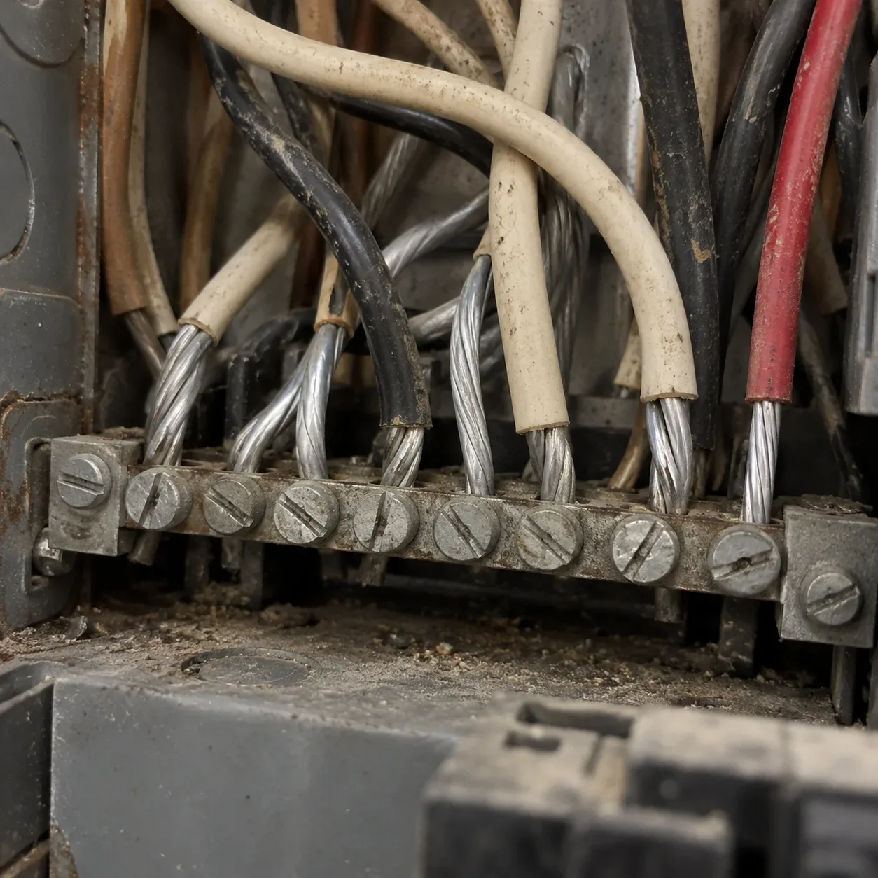 Aluminum-to-copper electrical wiring connections using purple AlumiConn connectors inside a residential electrical box