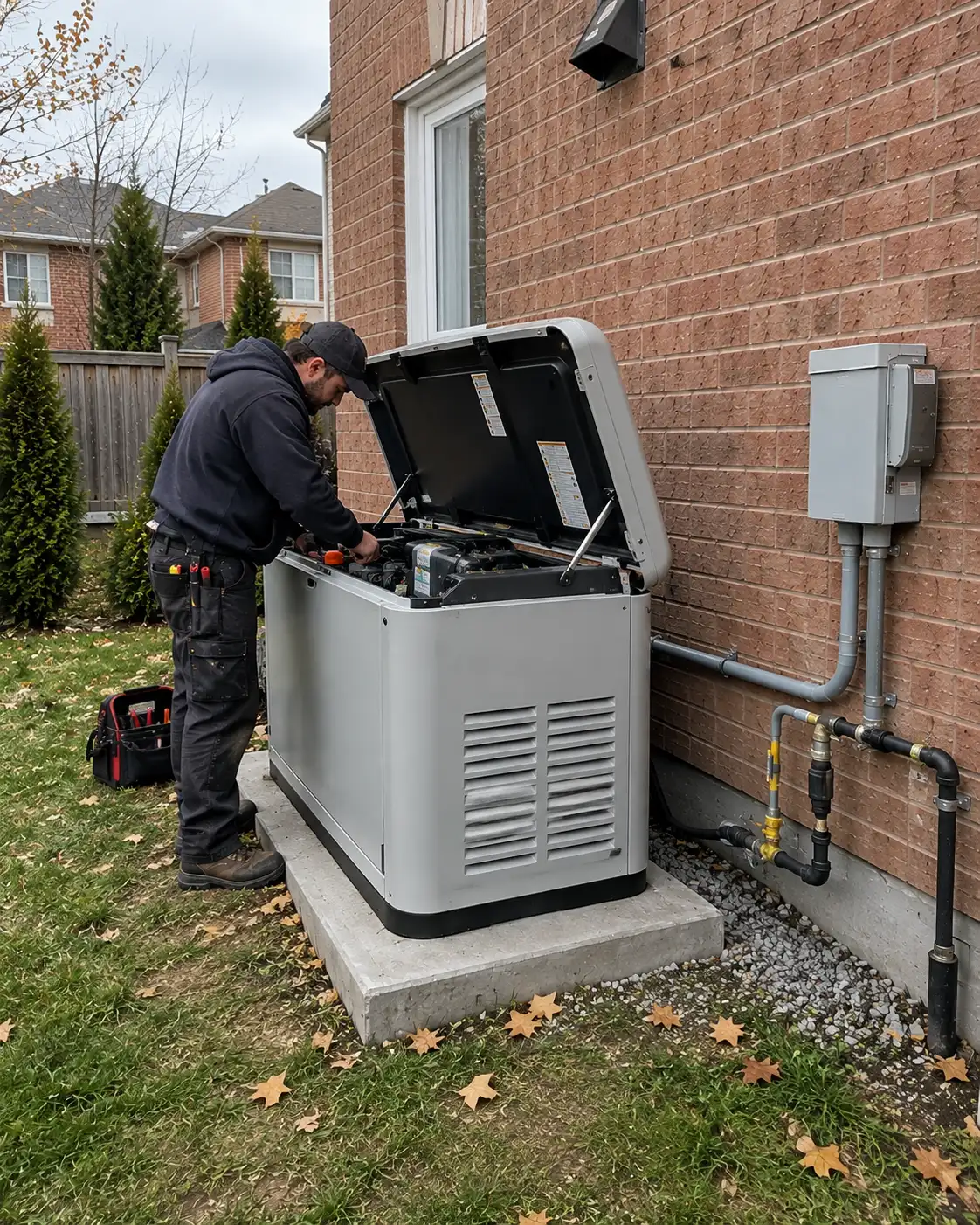 Residential standby generator professionally installed outside a Canadian house with electrical conduit connections