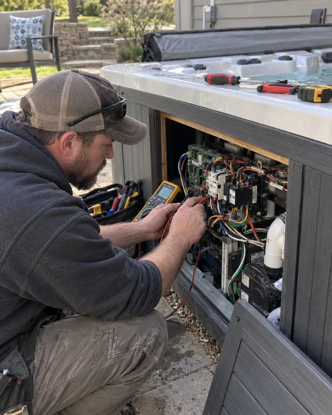 Electrician testing a residential electrical panel with a multimeter