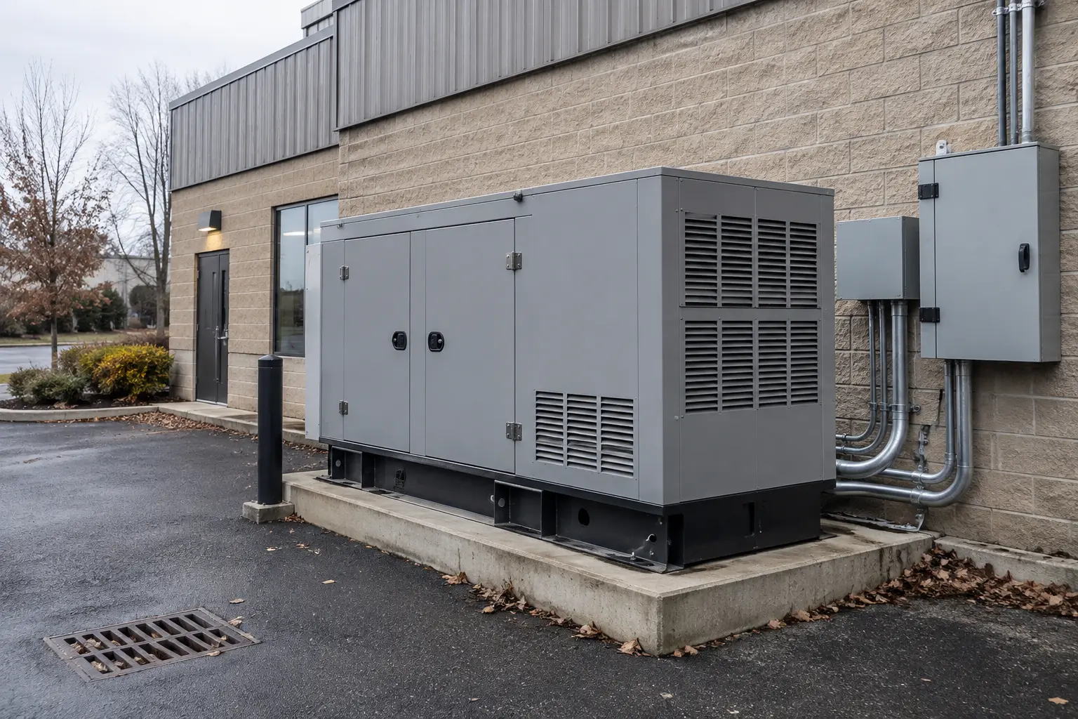 Commercial standby generator and automatic transfer switch equipment at a business property