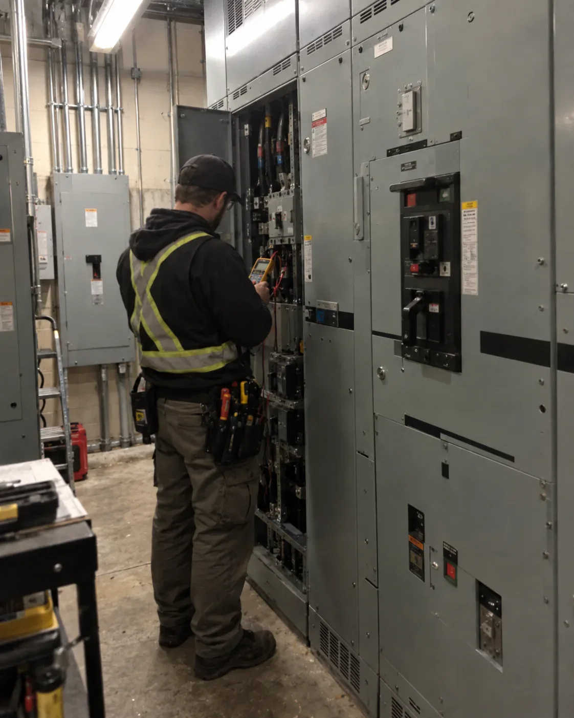 Industrial electrician inspecting electrical distribution and motor control equipment inside a manufacturing facility