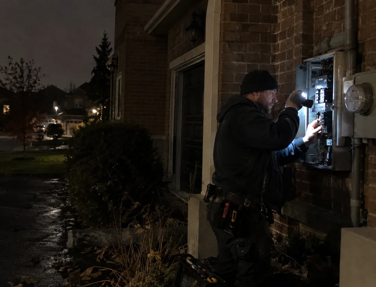 Electrician wearing a headlamp inspecting a residential electrical panel during an emergency call in Ajax