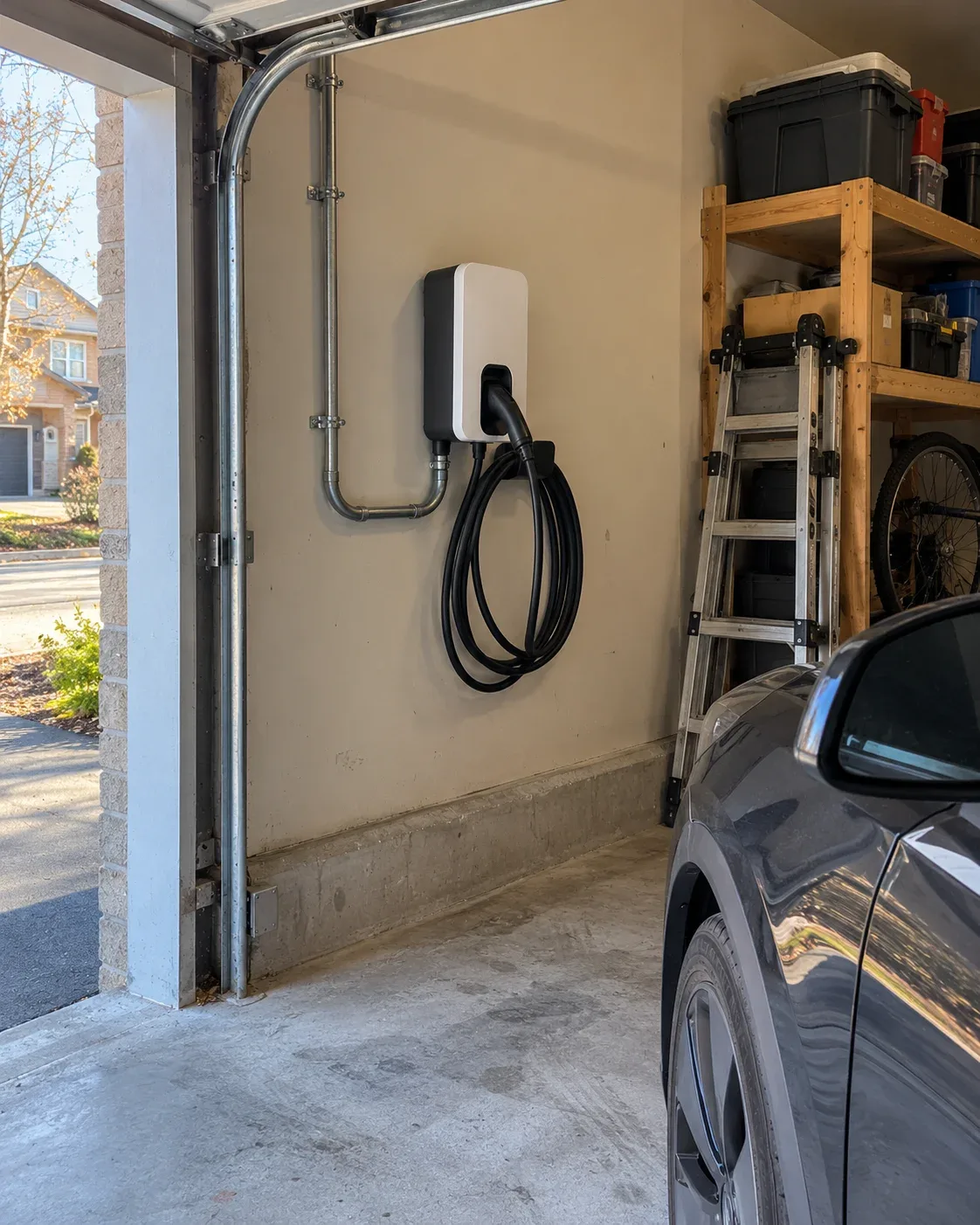 Home EV charger installed inside a residential garage with cable routed neatly to reach a parked electric vehicle