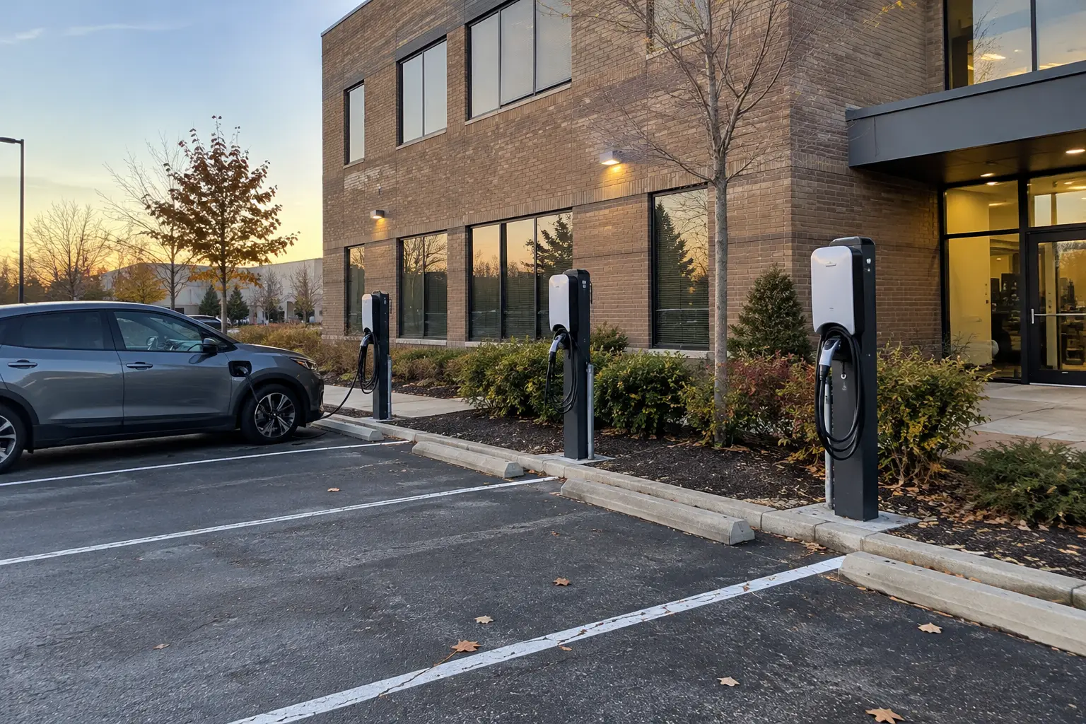 Home EV charger installed on a garage wall with the charging cable connected to an electric vehicle in Ajax