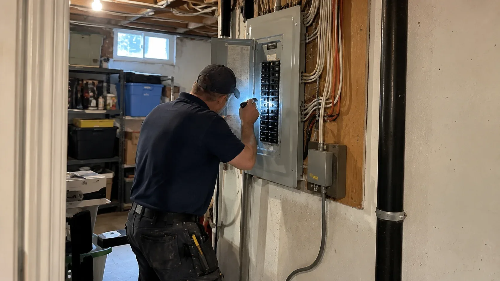 Close-up of an electrician inspecting circuit breakers inside a residential electrical panel