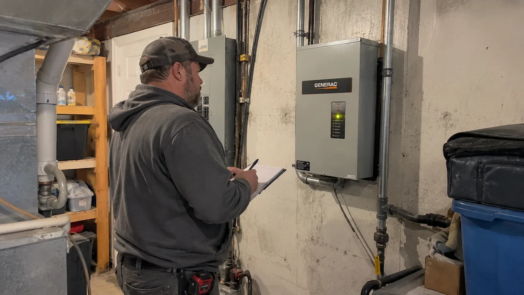 Electrician inspecting an existing generator transfer switch and backup power connections